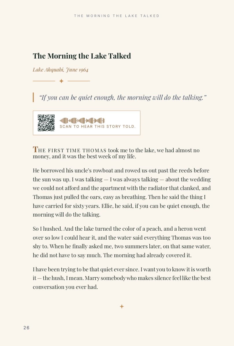 A story page from the same book: The Morning the Lake Talked, with its small scan-to-hear code